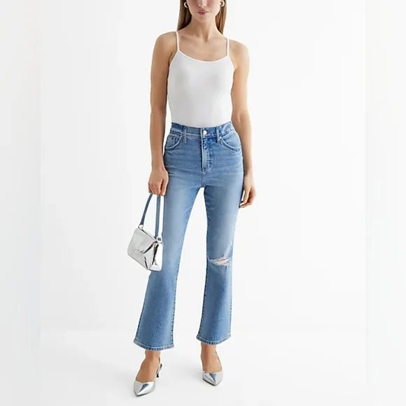 Express High Waisted Light Wash Ripped Cropped Flare Jeans - Size 4 Long - Picture 4 of 13